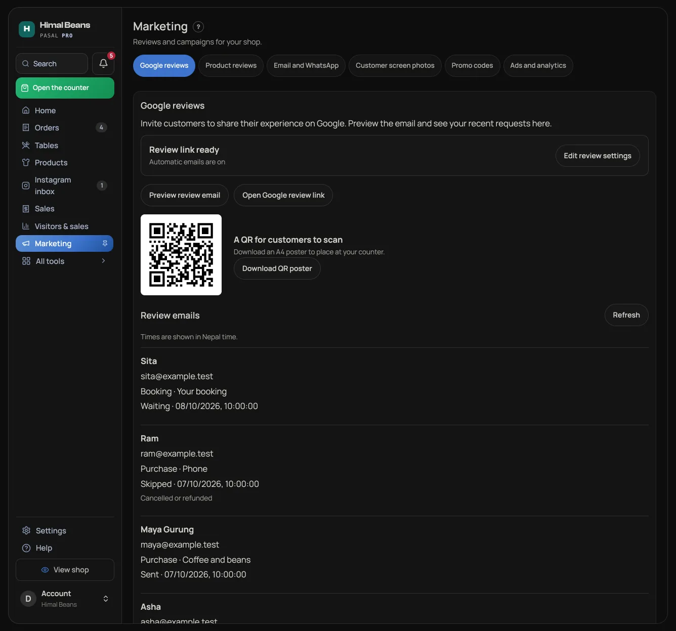 Marketing on its Google reviews tab: review link ready, the review QR with Download QR poster, and recent review emails; tabs for Product reviews, Email and WhatsApp, Customer screen photos, Promo codes and Ads and analytics