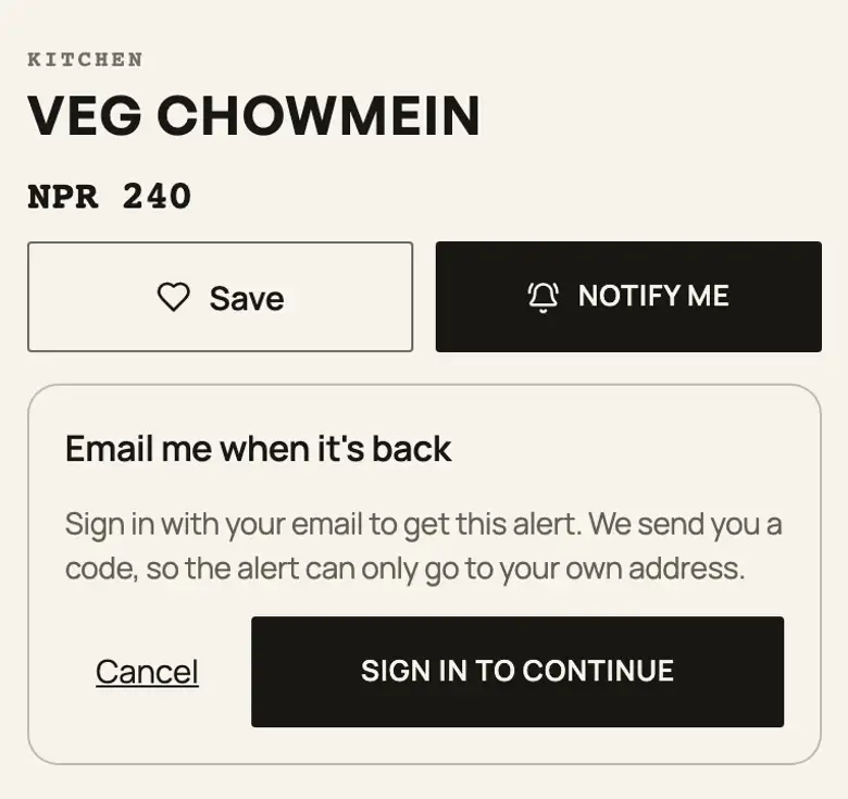 The Email me when it's back box: sign in with your email to get this alert, with Cancel and Sign in to continue