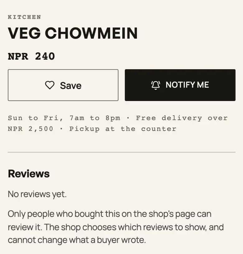 A sold-out Veg chowmein on a shop page on a phone, with Save and Notify me buttons under the price