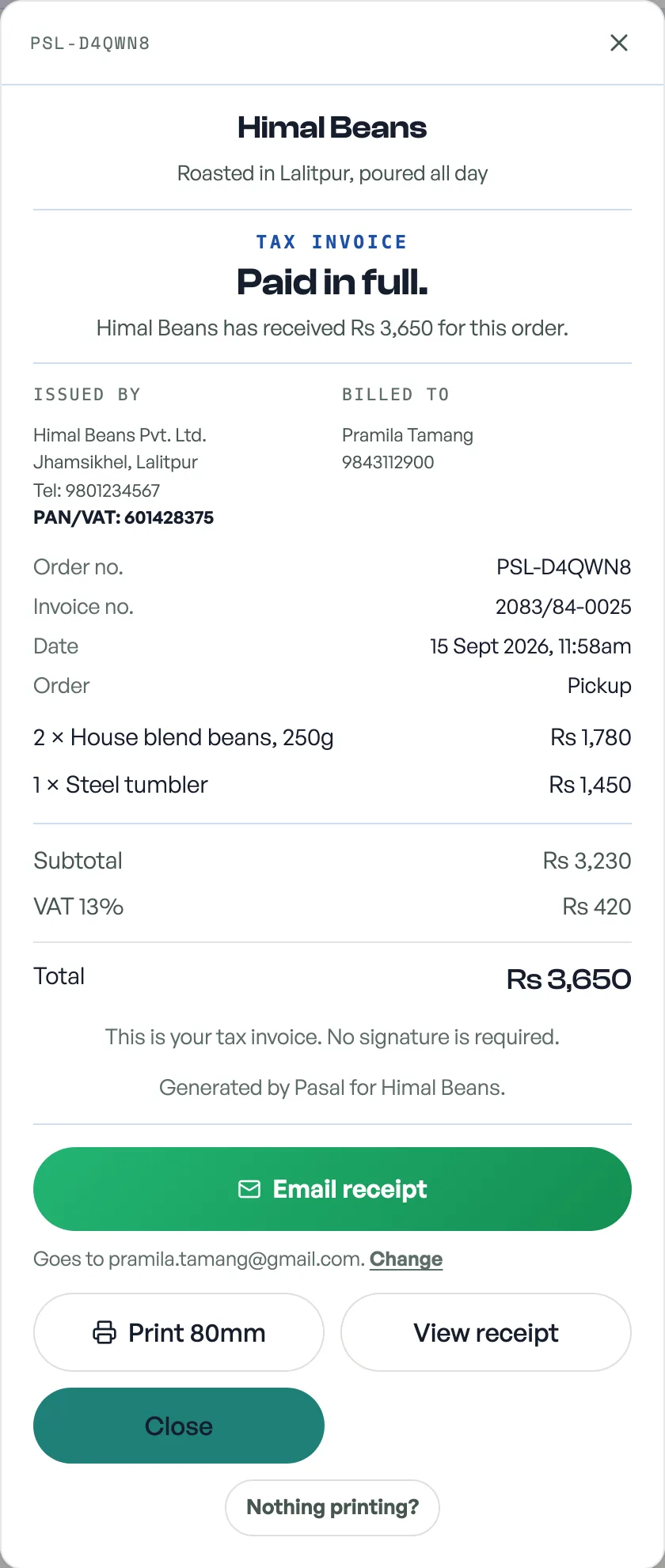 An order document with Mark paid and the ticket details