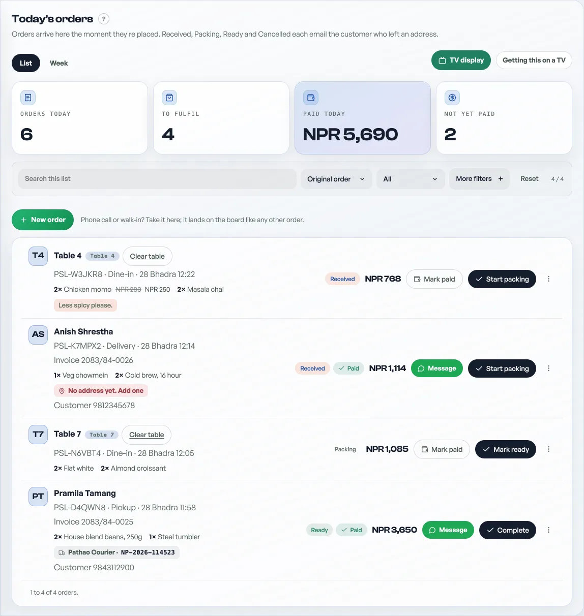 The Pasal dashboard order board with live orders