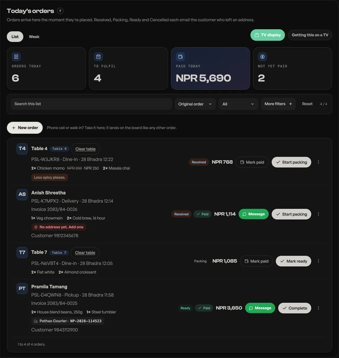 The Pasal dashboard order board with live orders