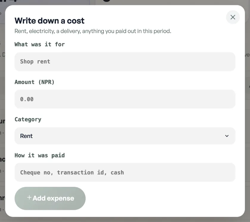 The Write down a cost sheet: what it was for, the amount, a category, and how it was paid