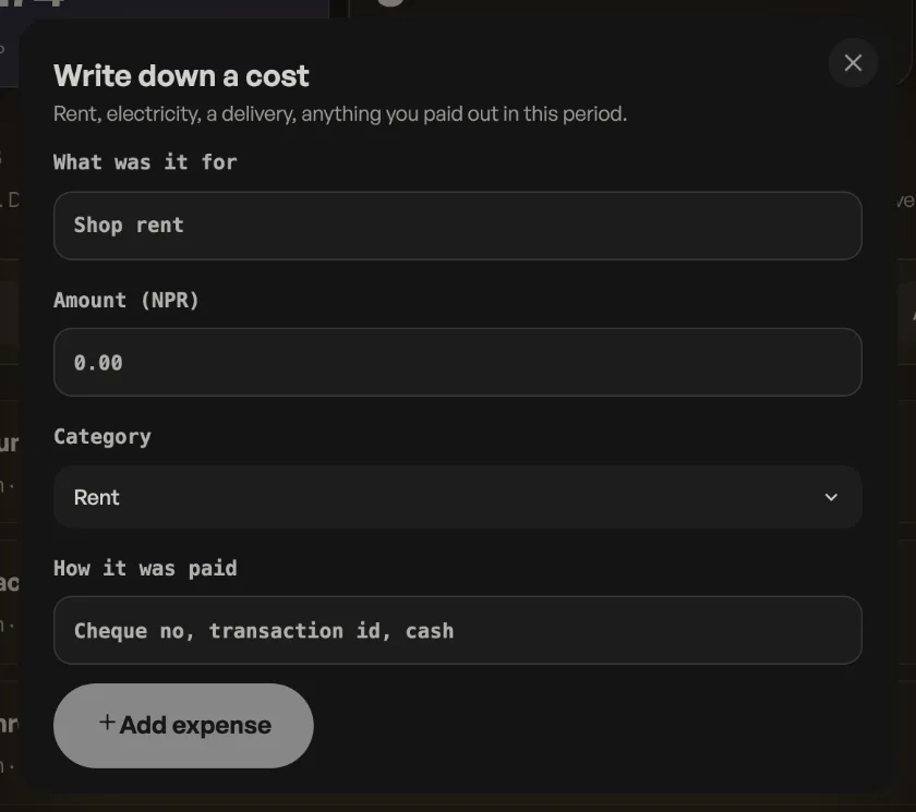 The Write down a cost sheet: what it was for, the amount, a category, and how it was paid