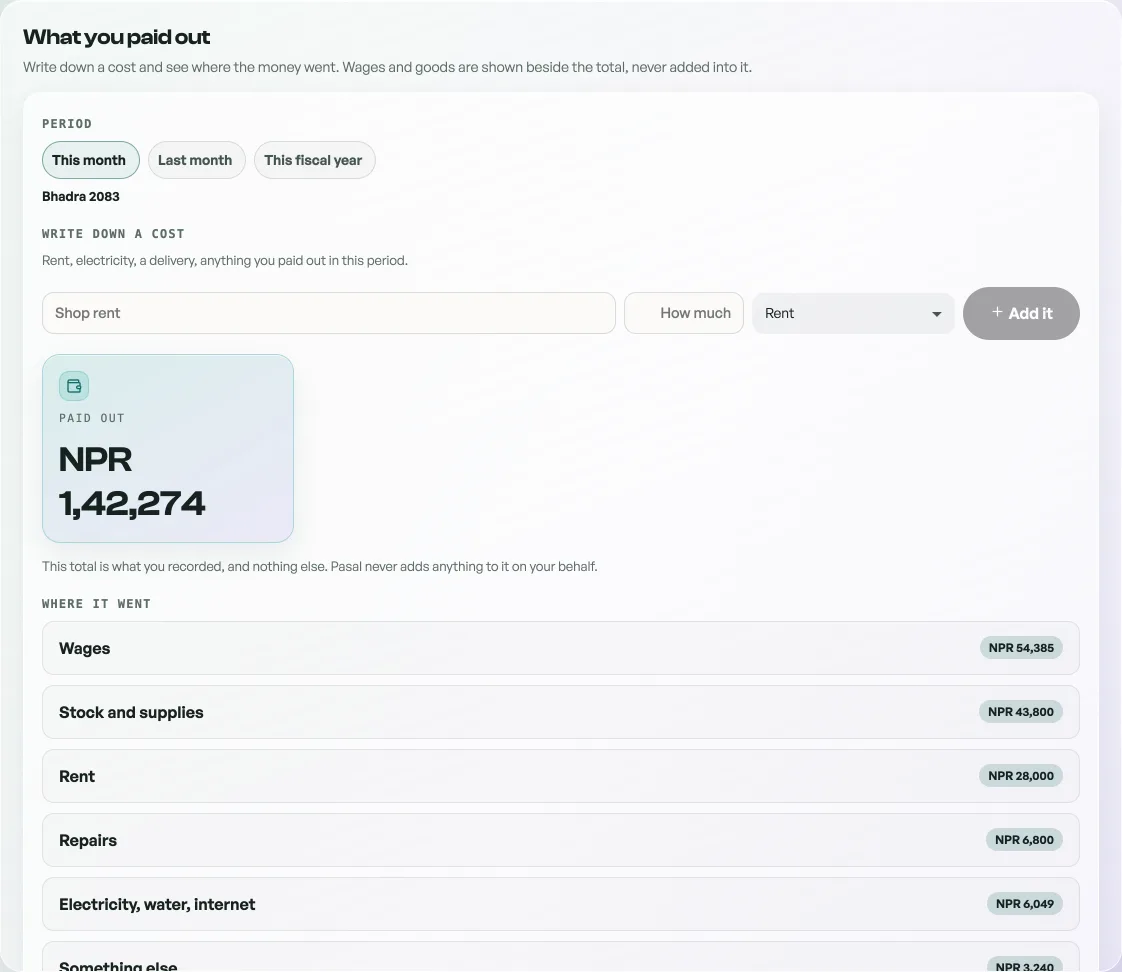 The Paid out tab: a period, a box to write a cost into, the total, and where it went