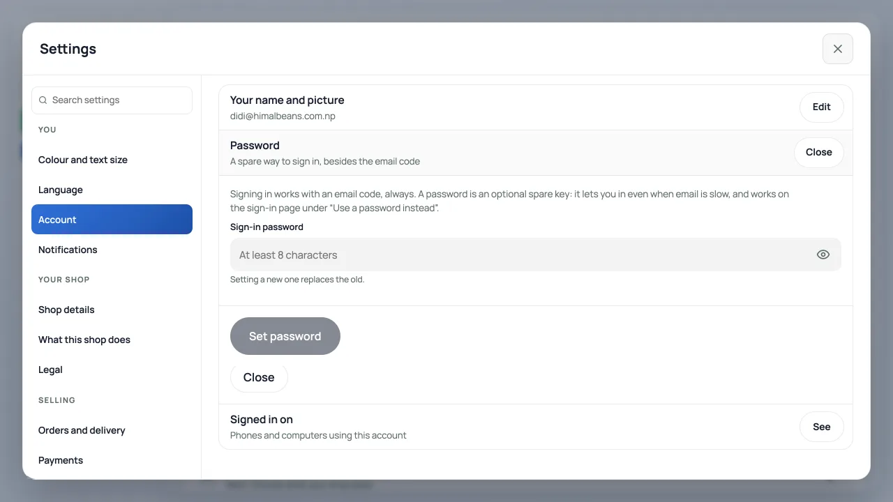 Settings, Account, with the Password row open: the eye icon inside the sign-in password field