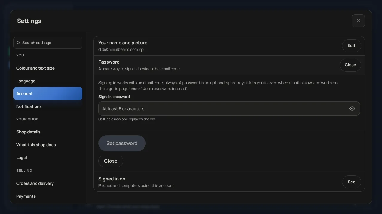 Settings, Account, with the Password row open: the eye icon inside the sign-in password field
