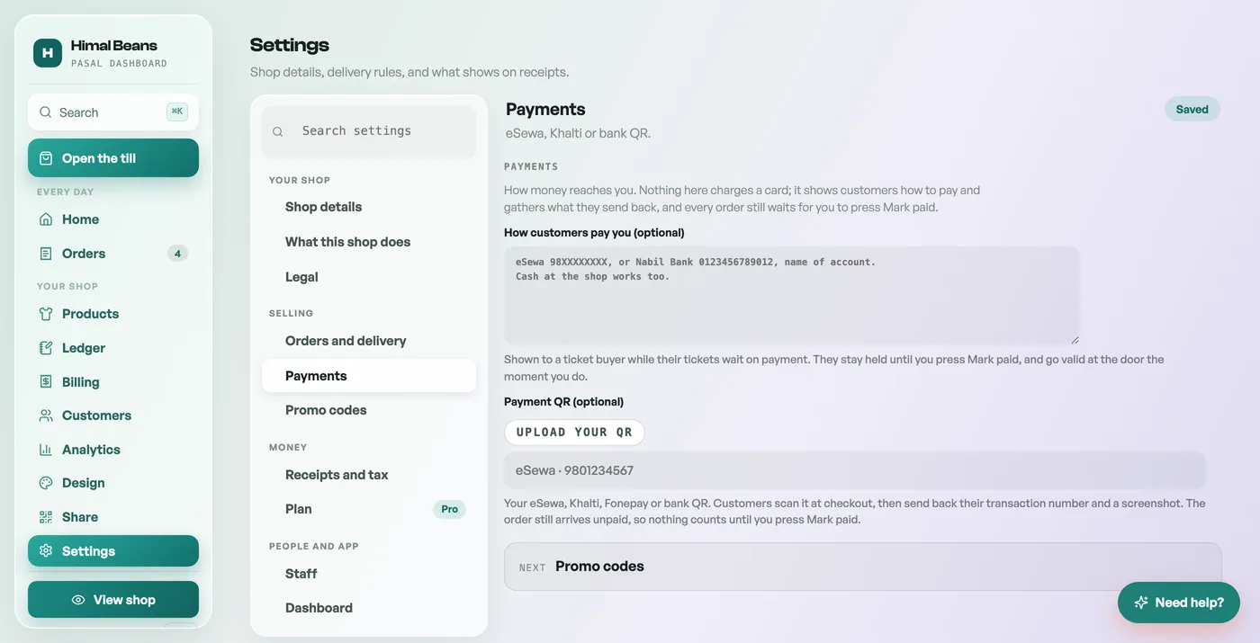 The Payment QR field in Settings