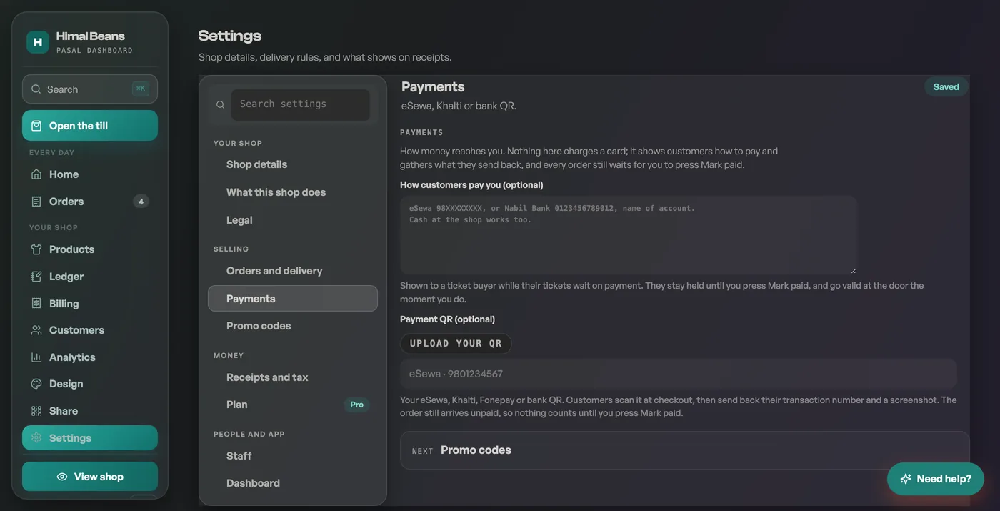 The Payment QR field in Settings
