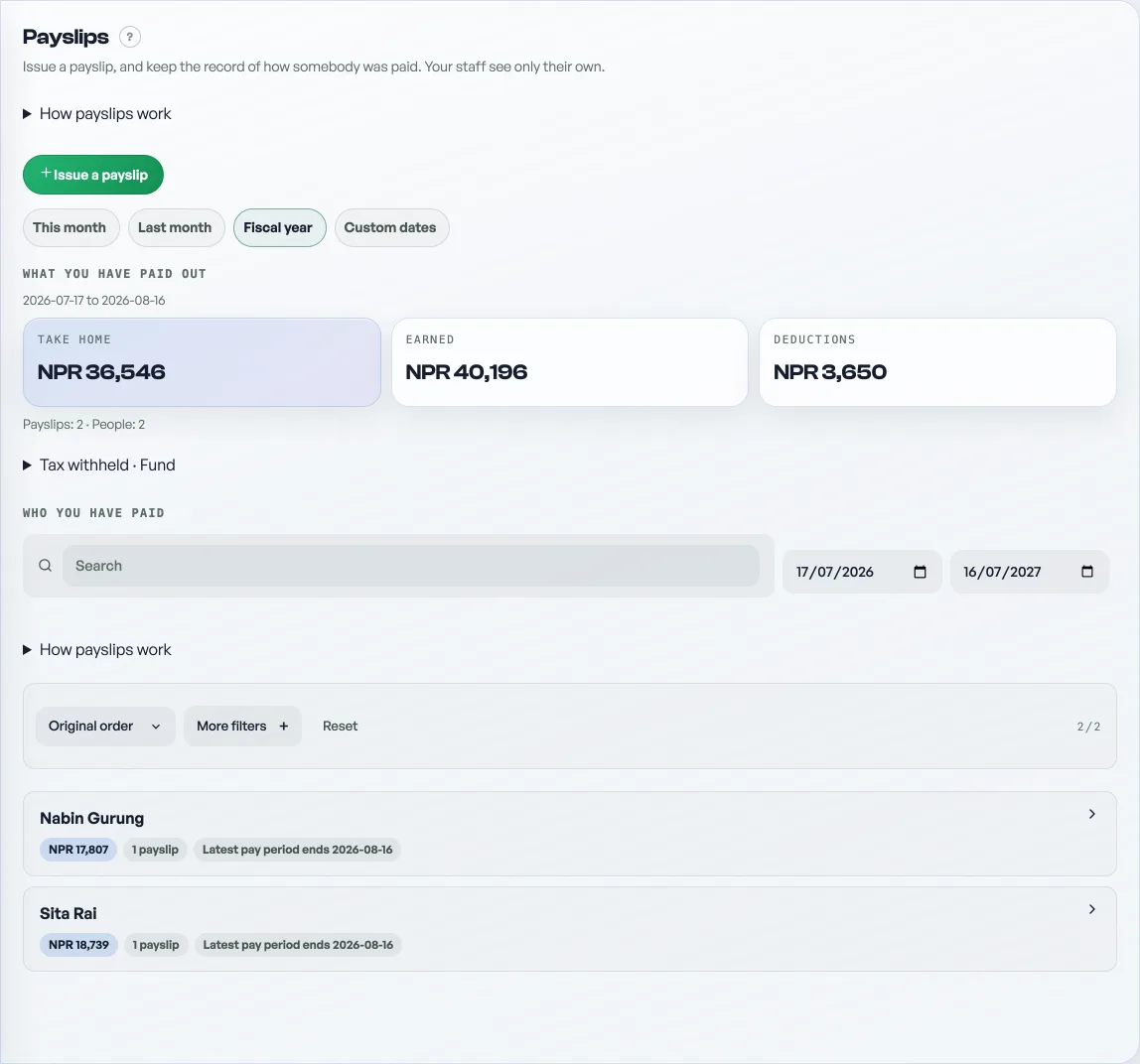 The Payslips board: totals for the period, then the people who have been paid