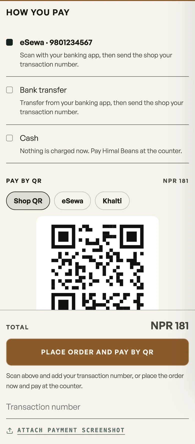 The payment step of a Pasal checkout, with the shop's QR and the amount