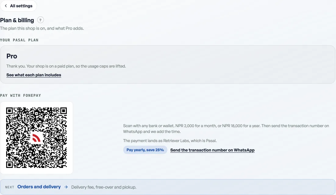 Shop profile, Plan and billing: the plan you are on, and the Fonepay QR with the yearly save tag beside it
