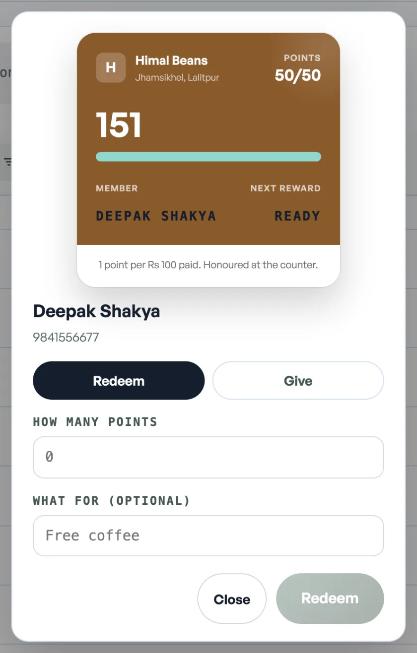 The Adjust points sheet for Deepak Shakya, with Redeem and Give