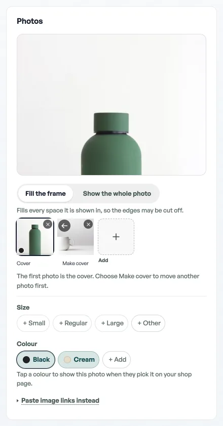 The Photos column on a product: a green bottle filling the frame, Fill the frame selected, the cover in the strip, and Black tagged on this photo