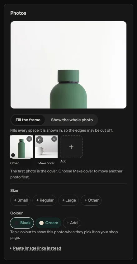 The Photos column on a product: a green bottle filling the frame, Fill the frame selected, the cover in the strip, and Black tagged on this photo