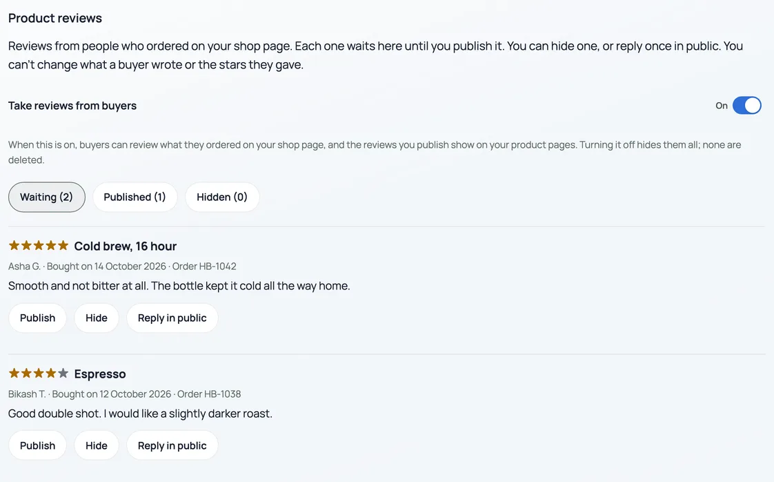 Marketing, Product reviews: Take reviews from buyers switched on, Waiting, Published and Hidden tabs, and two waiting reviews with Publish, Hide and Reply in public