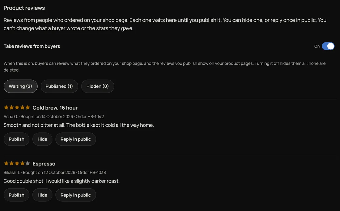 Marketing, Product reviews: Take reviews from buyers switched on, Waiting, Published and Hidden tabs, and two waiting reviews with Publish, Hide and Reply in public