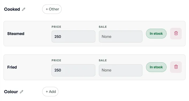 Size rows on a product: Steamed and Fried, each with a price and an In stock pill