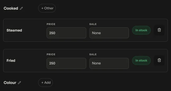 Size rows on a product: Steamed and Fried, each with a price and an In stock pill