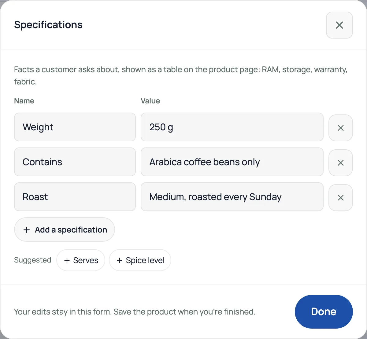 The Specifications box in the product editor with three rows, Weight 250 g, Contains Arabica coffee beans only, and Roast Medium, roasted every Sunday, plus Add a specification and suggested names