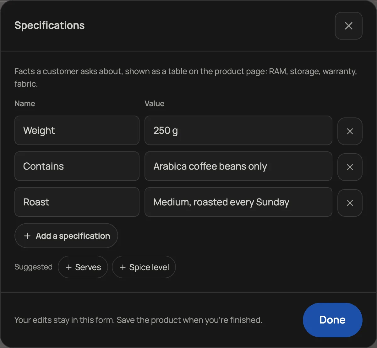 The Specifications box in the product editor with three rows, Weight 250 g, Contains Arabica coffee beans only, and Roast Medium, roasted every Sunday, plus Add a specification and suggested names