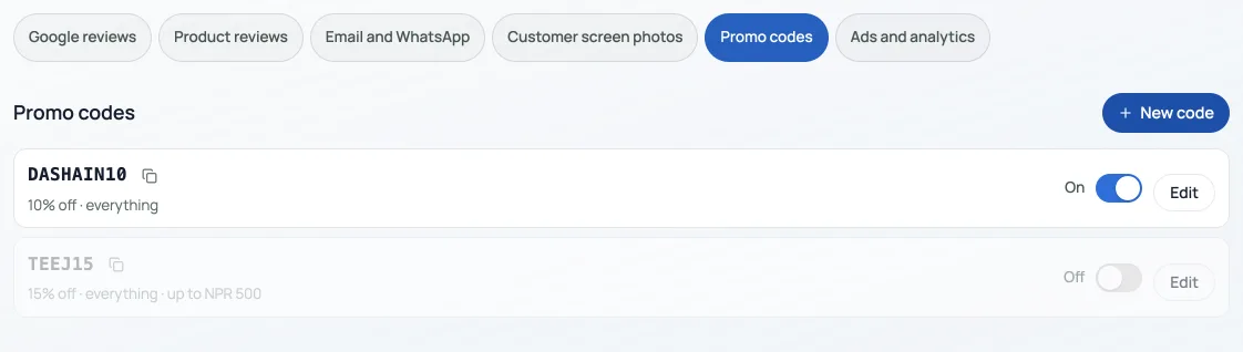 The Promo codes tab on Marketing: a New code button and two codes, DASHAIN10 switched on and TEEJ15 switched off