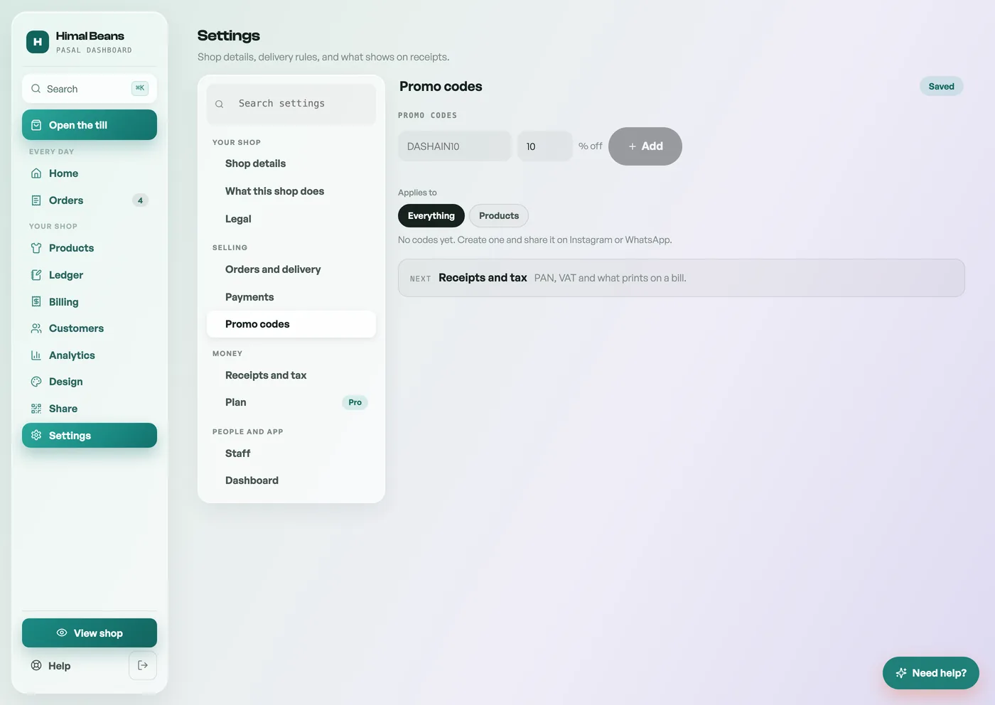 The Promo codes pane in Settings with a code form and two codes, one active and one off