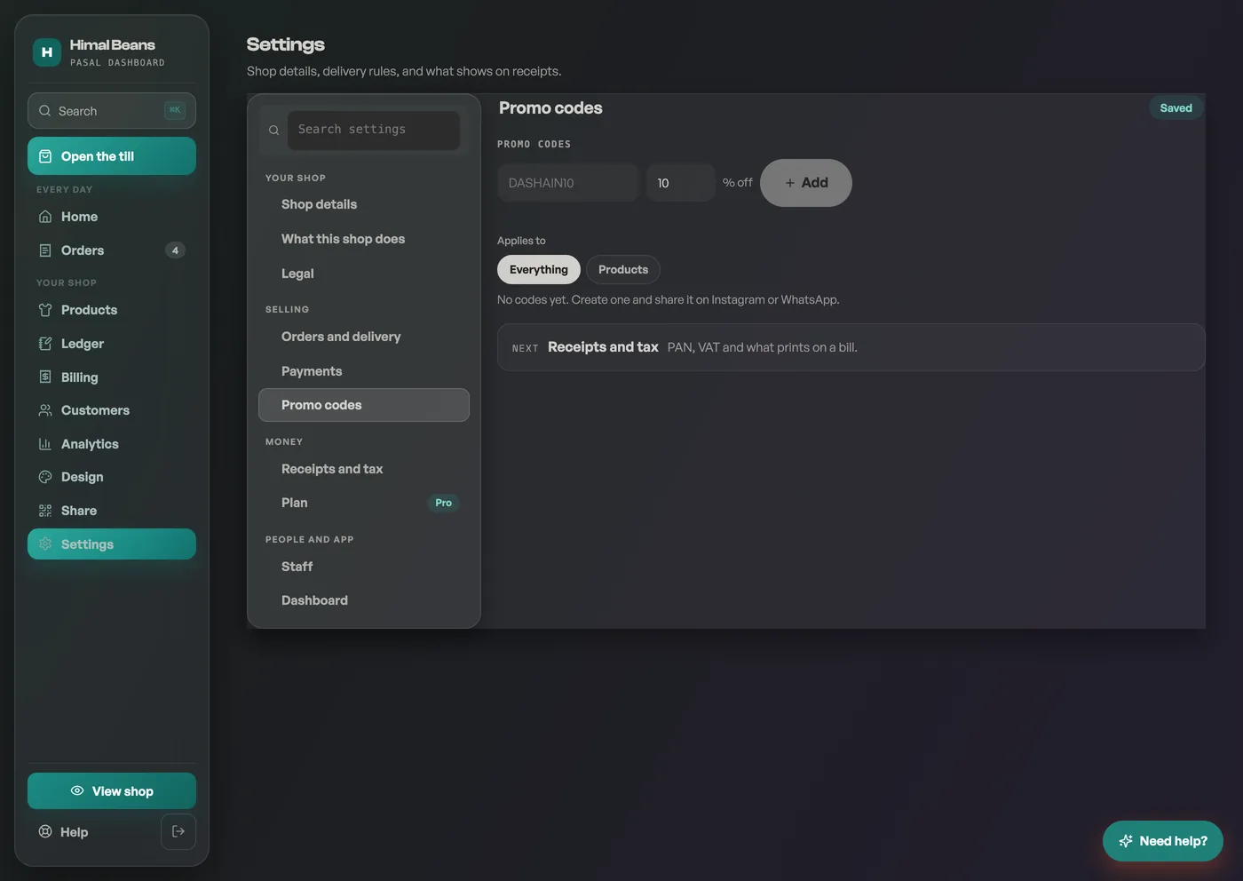The Promo codes pane in Settings with a code form and two codes, one active and one off