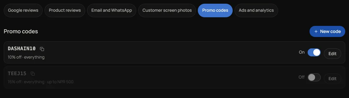 The Promo codes tab on Marketing: a New code button and two codes, DASHAIN10 switched on and TEEJ15 switched off