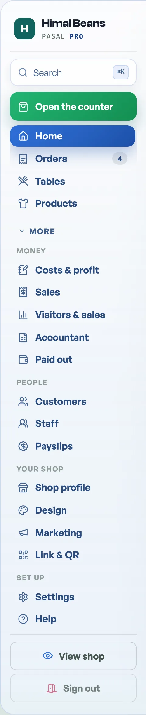 The More fold open, showing the Money, People, Your shop and Set up headings with their rows
