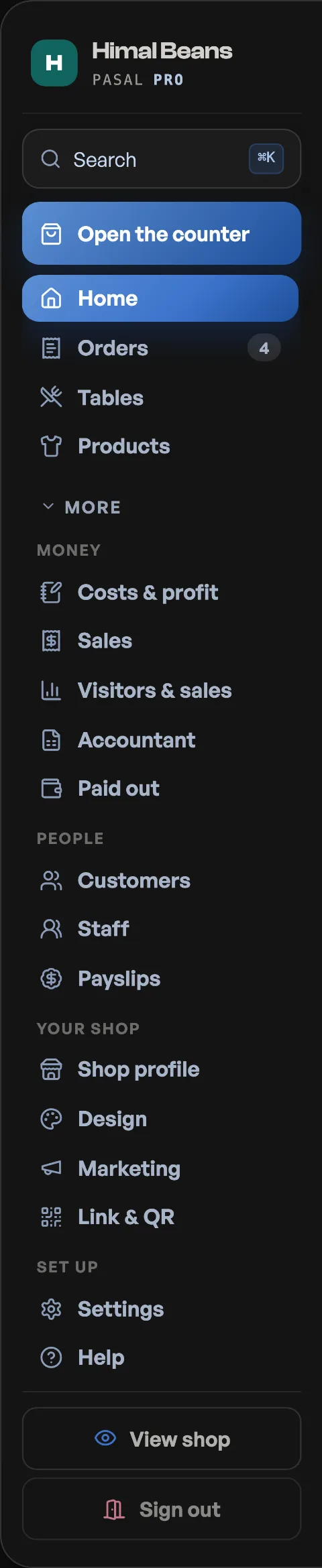 The More fold open, showing the Money, People, Your shop and Set up headings with their rows