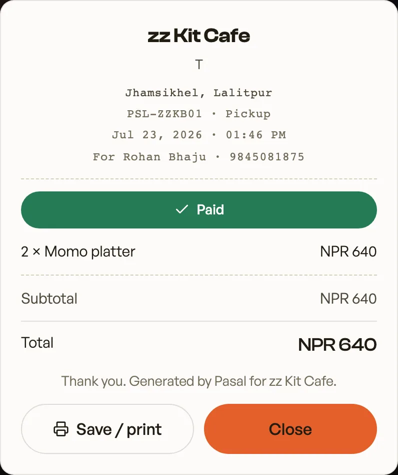 A customer's receipt for a past order