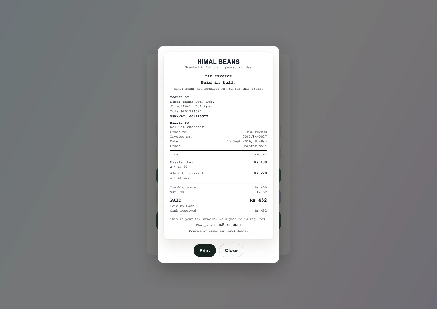 A tax invoice on the thermal roll, with PAN 601428375 and invoice number 2083/84-0027 both on the paper