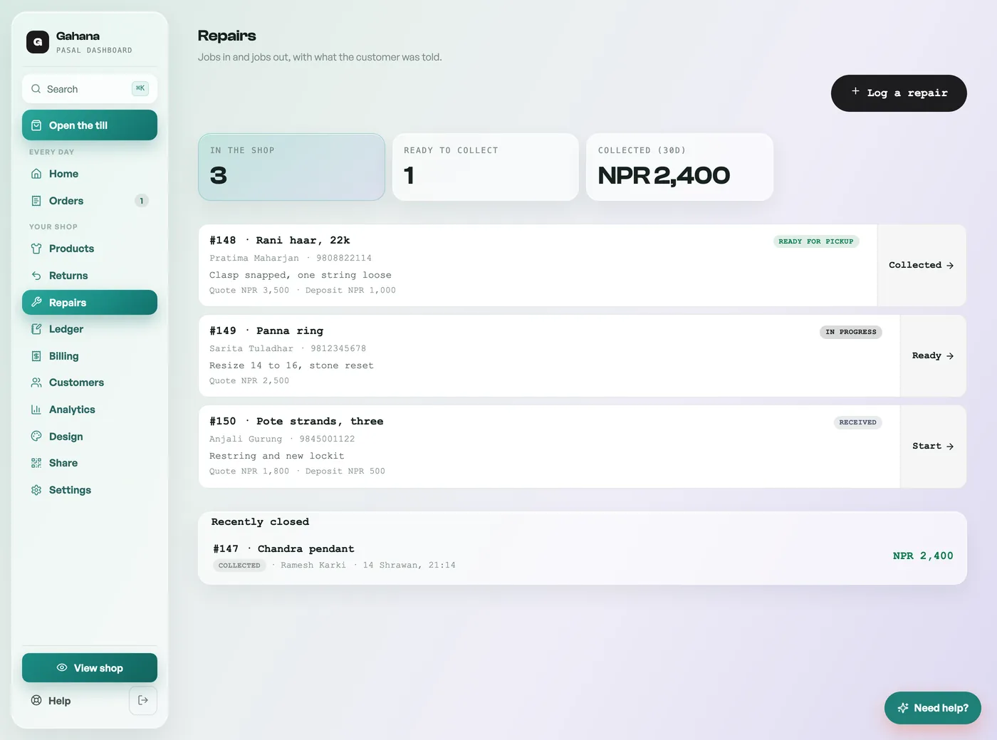 The Repairs tab with jobs moving from received to ready