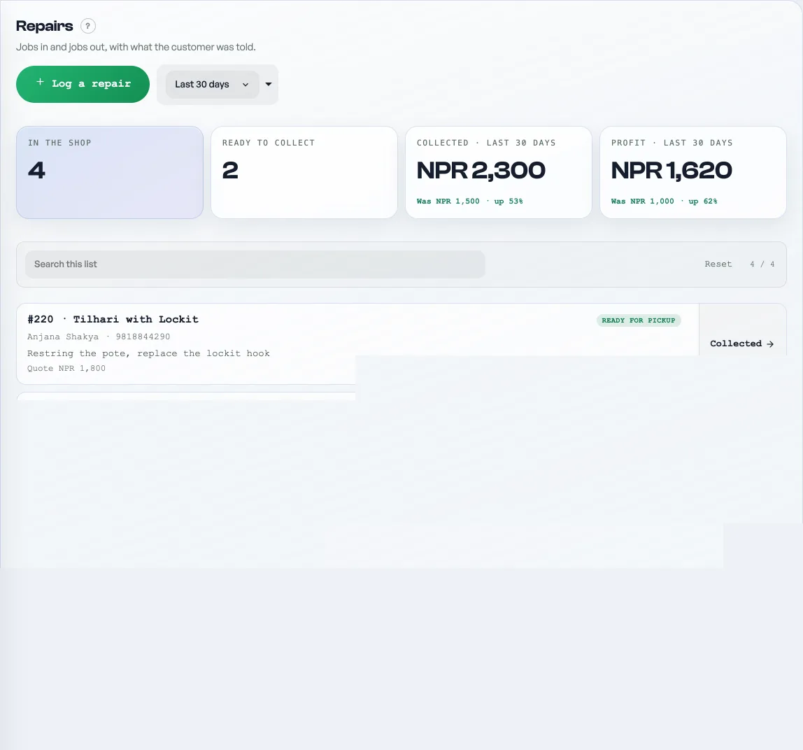 The Repairs tab with jobs moving from received to ready