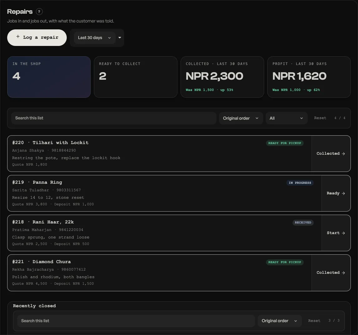 The Repairs tab with jobs moving from received to ready