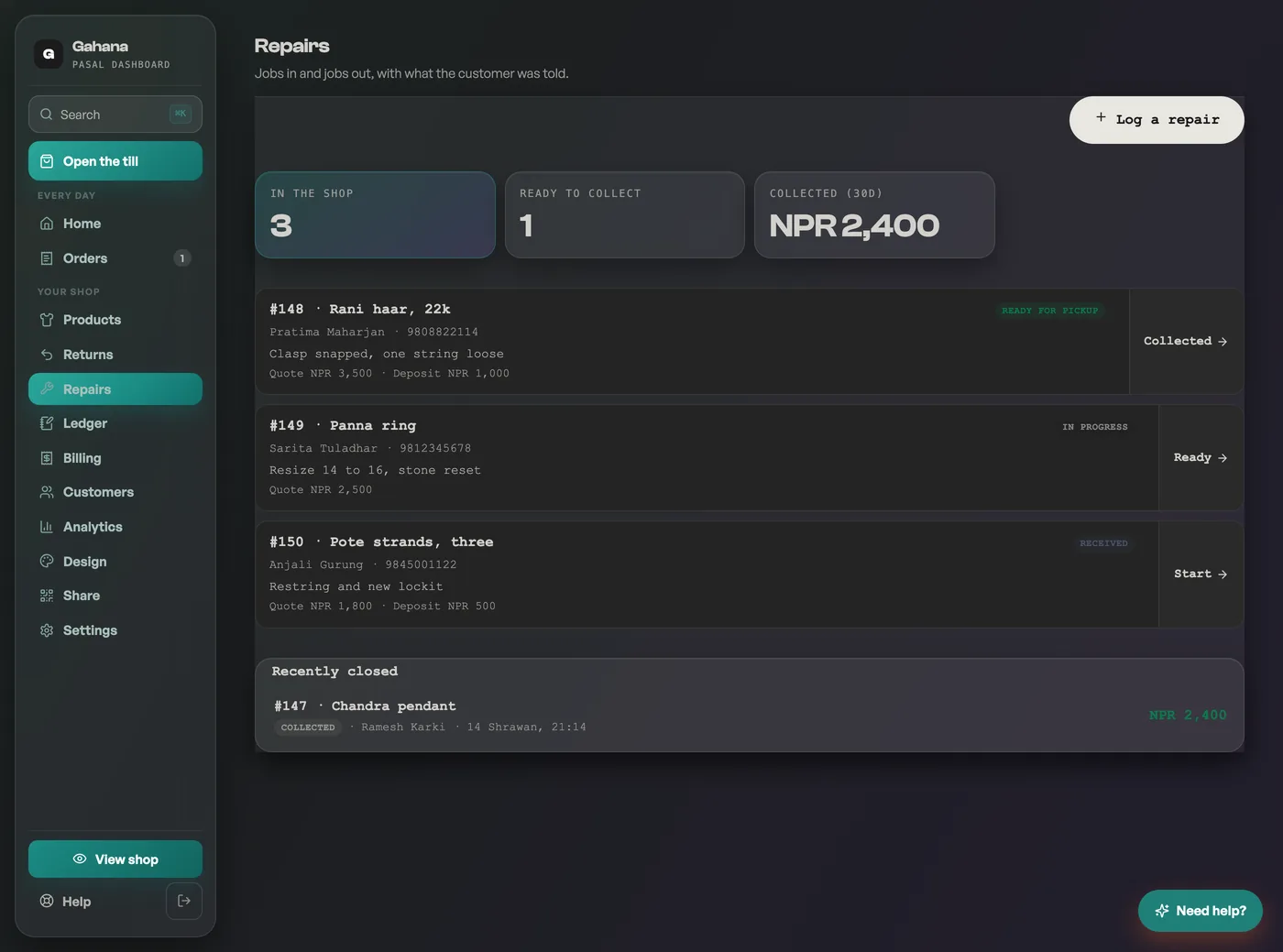 The Repairs tab with jobs moving from received to ready
