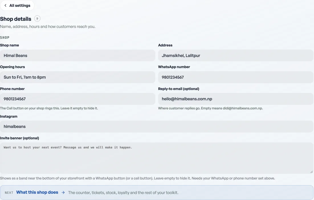 Shop profile, Shop details, with contact fields including the shop's legal name and PAN