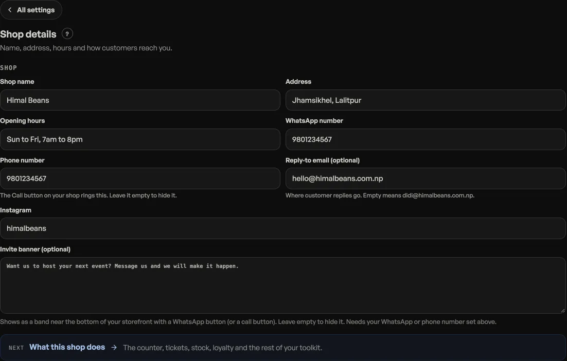 Shop profile, Shop details, with contact fields including the shop's legal name and PAN