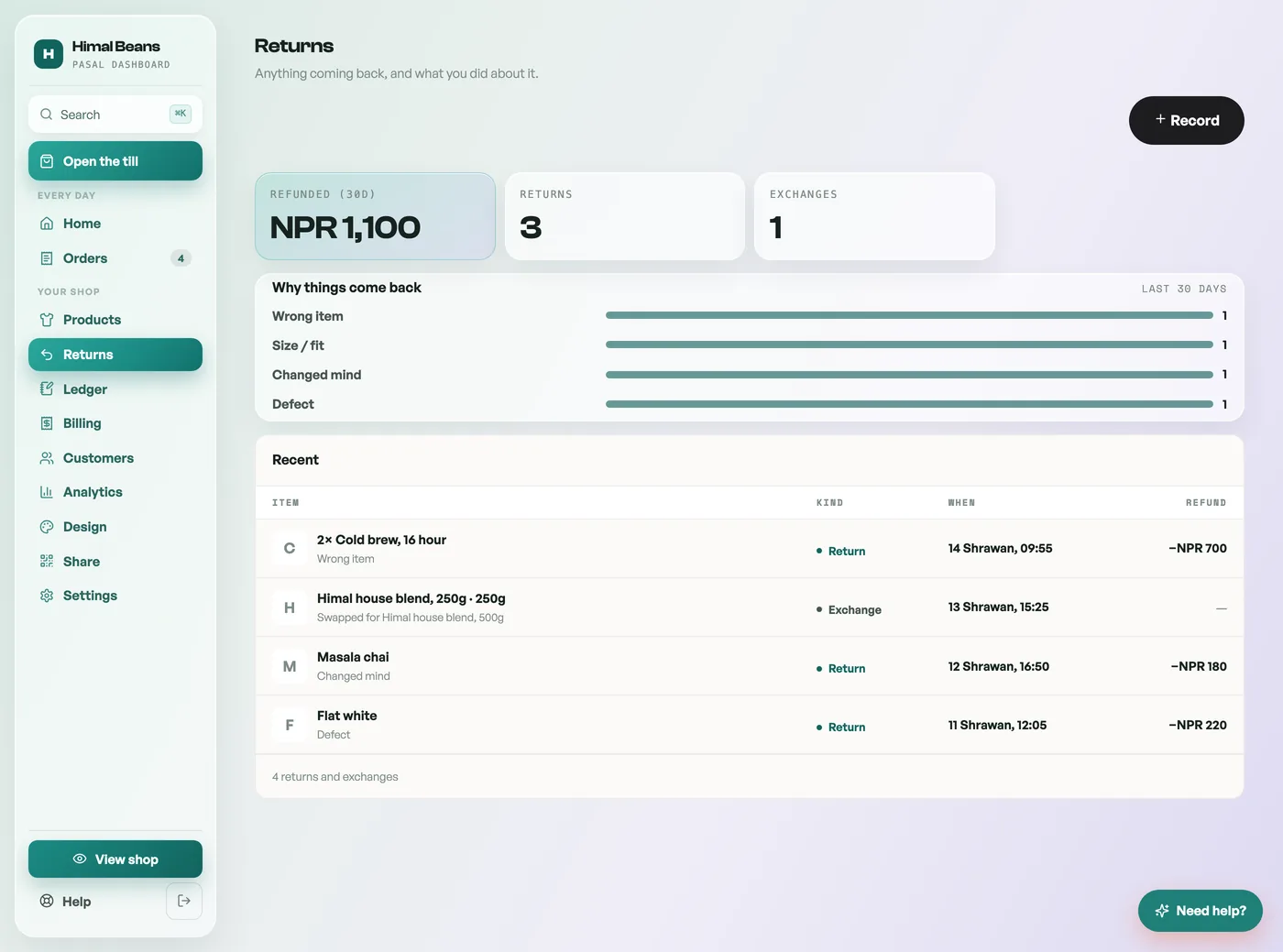 The Returns tab with refunded total and reasons