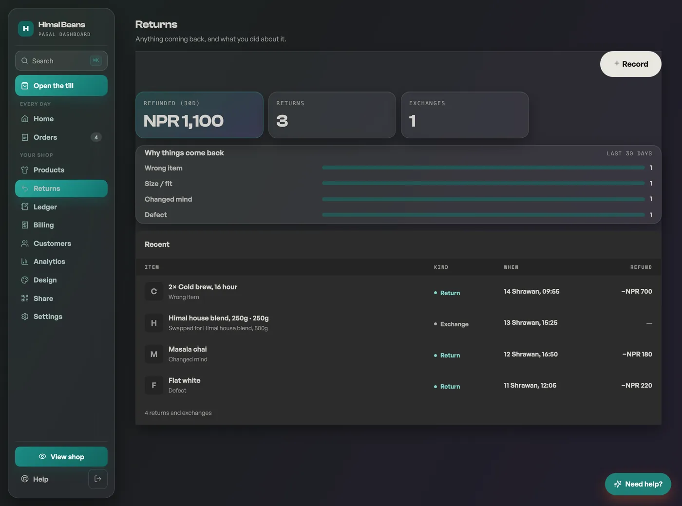The Returns tab with refunded total and reasons