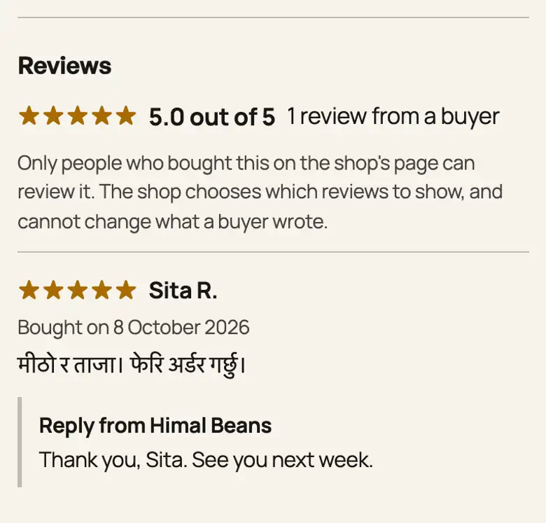 Reviews on a product page: 5.0 out of 5, 1 review from a buyer, a review in Nepali by Sita R., and a reply from Himal Beans