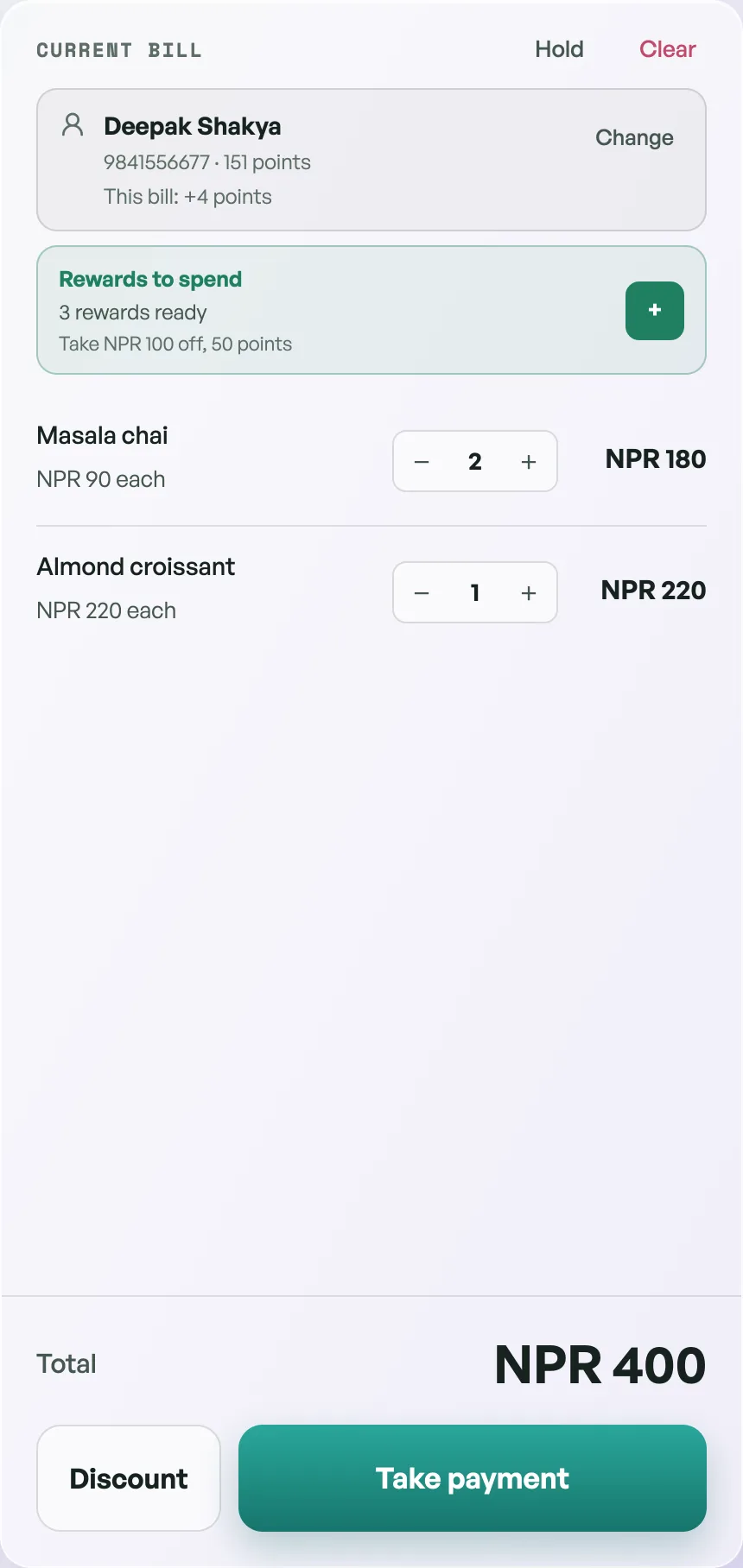 The counter bill with a customer attached and a Rewards to spend row reading three rewards ready