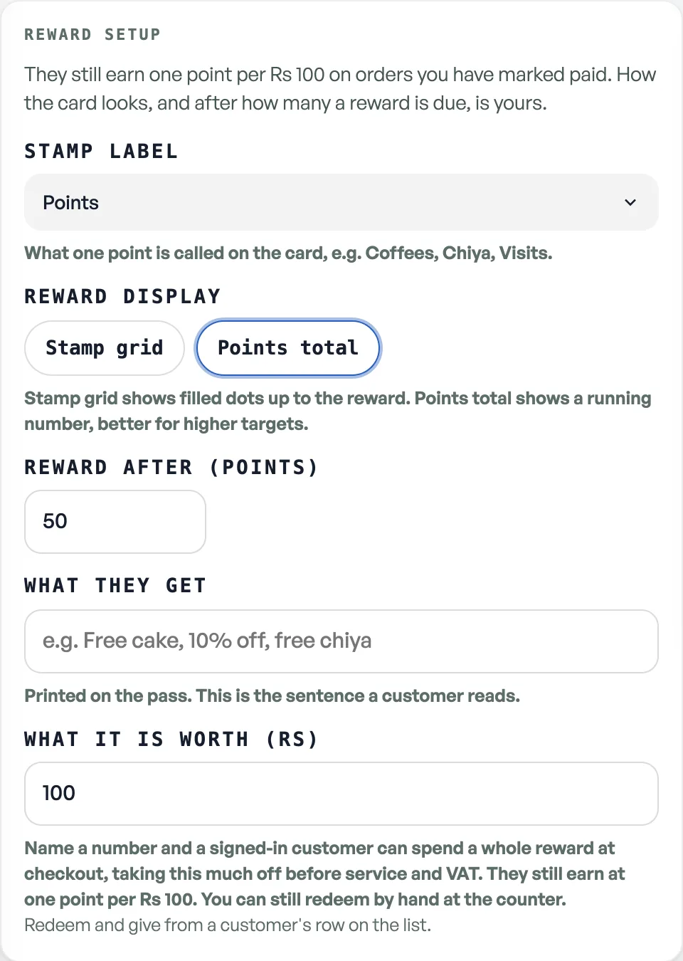 The loyalty card design board, with Reward after, What they get and What it is worth