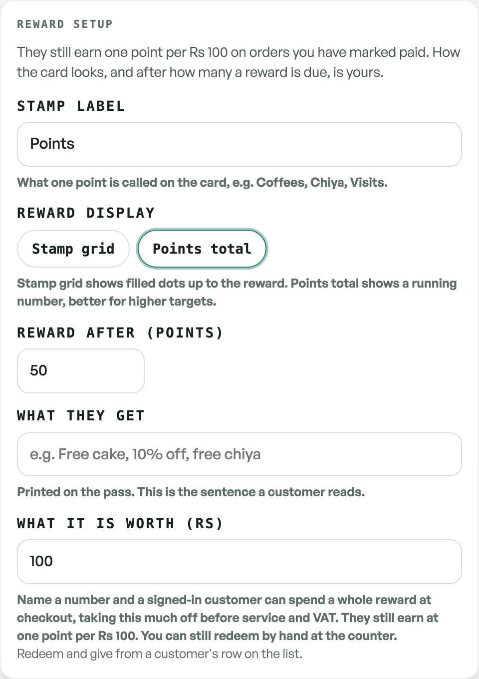 The reward setup on the loyalty card board, with Reward after, What they get and What it is worth