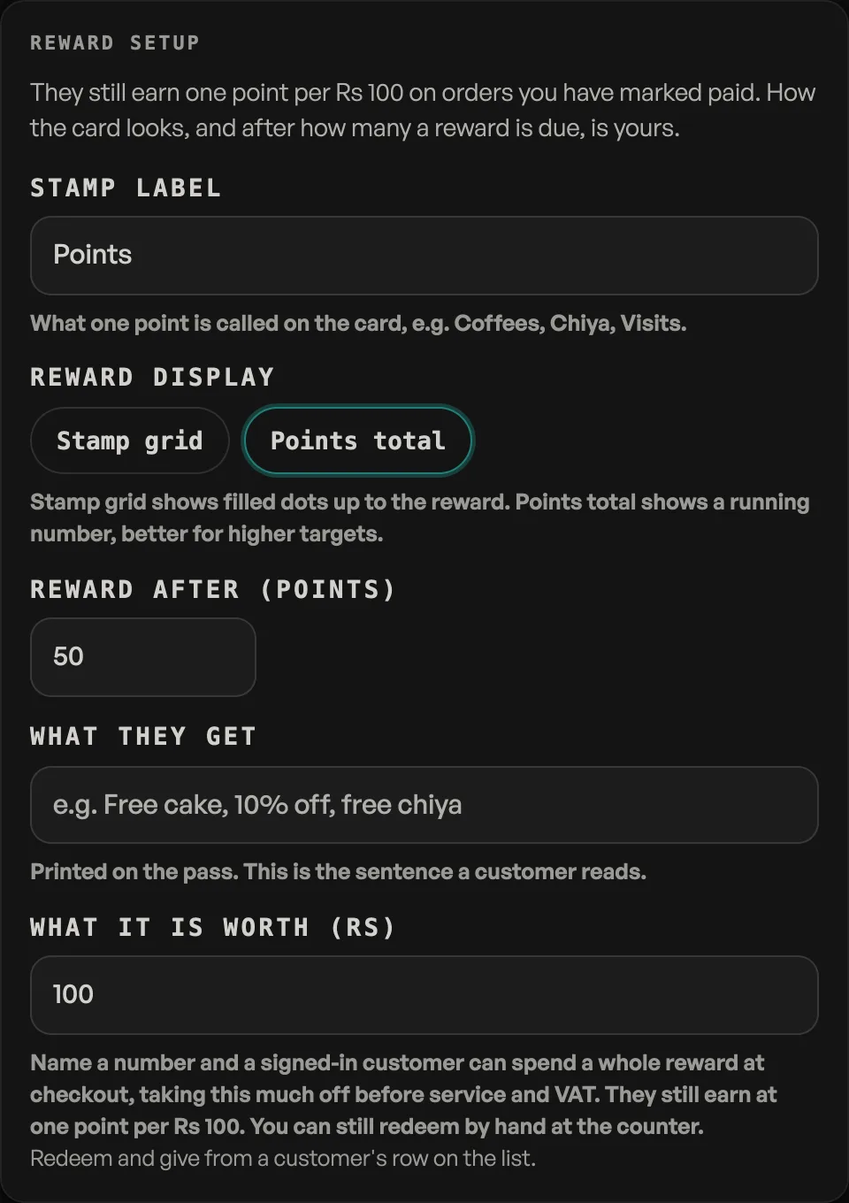 The reward setup on the loyalty card board, with Reward after, What they get and What it is worth