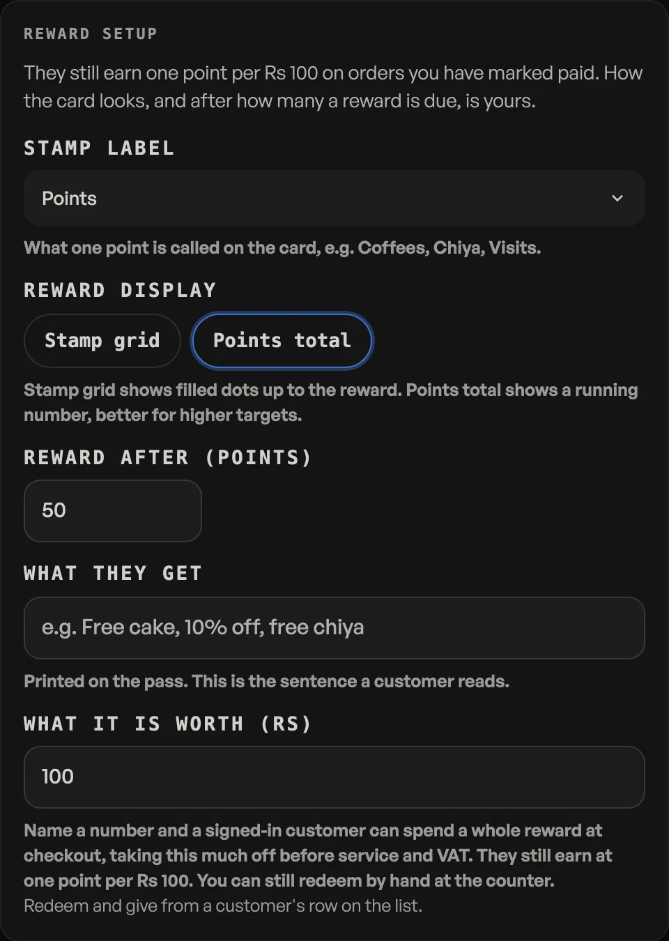The loyalty card design board, with Reward after, What they get and What it is worth