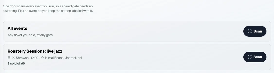 The Door scan tab offering All events or one named night