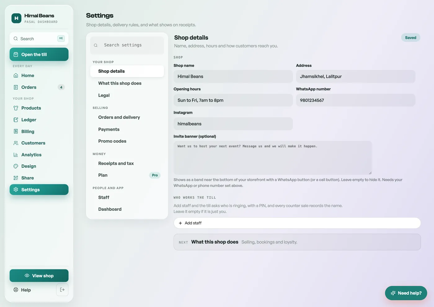 The Settings list in four groups: Your shop, Selling, Money, People and app