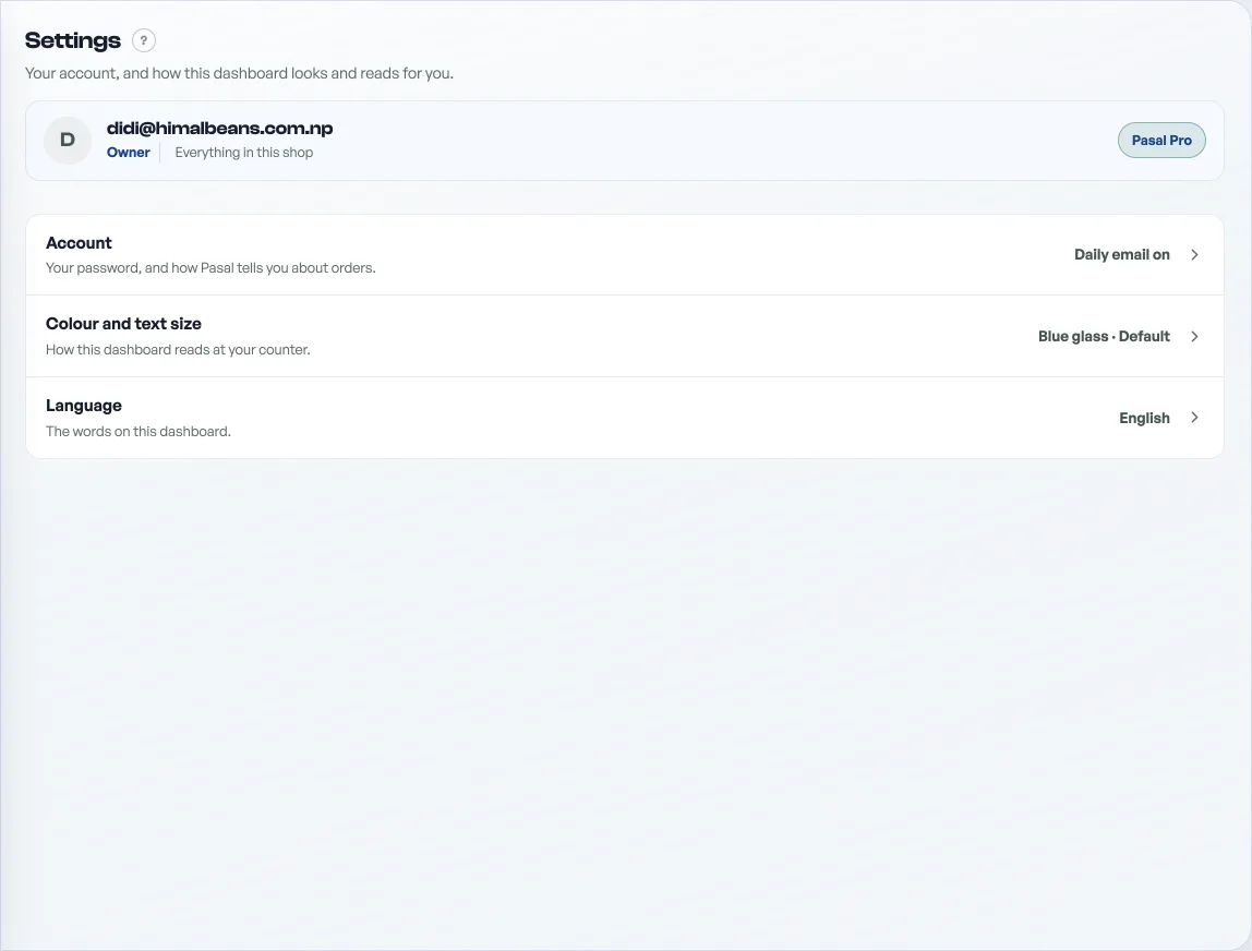 The Settings tab: your email address, Owner and your plan across the top, then three rows, Account, Colour and text size and Language
